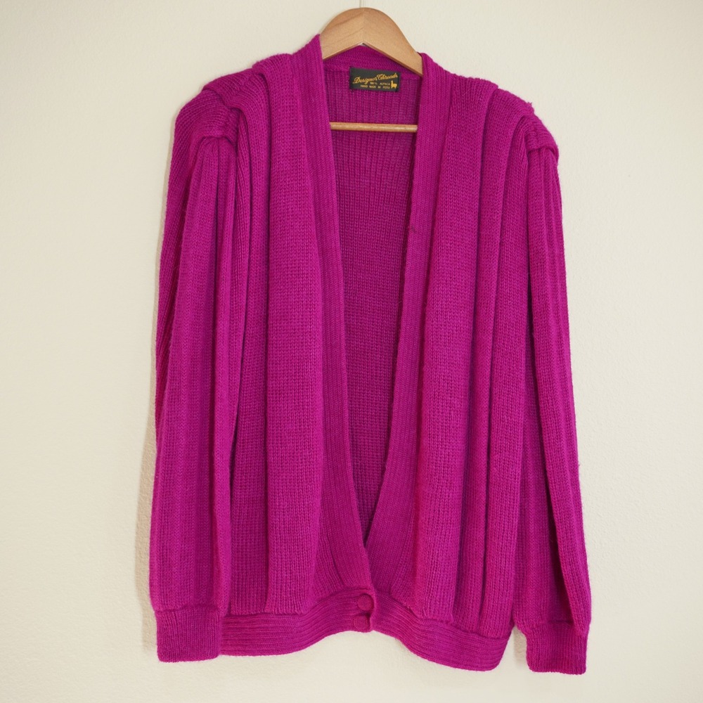Vintage Magenta 100% Alpaca Oversized Cardigan Slouchy Vibrant Retro Funky